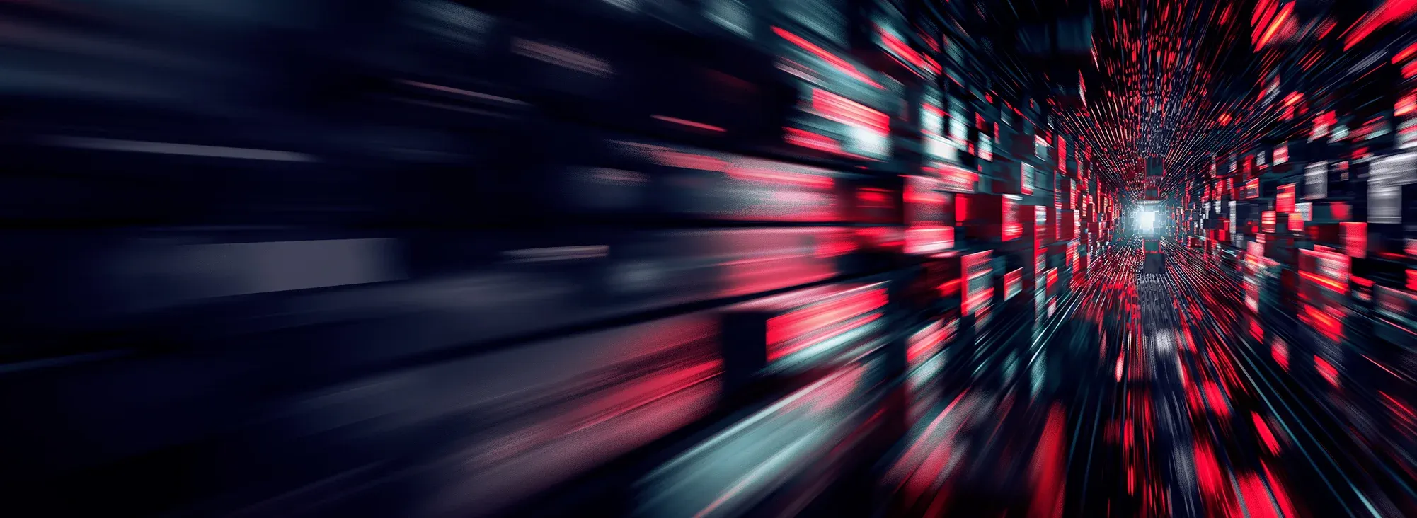 zooming geometric corridor of red and black blocks
