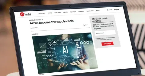 laptop displaying headline "AI has become the supply chain"