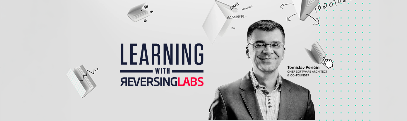 Tomislav Pericin in front of flying books, Learning with ReversingLabs text logo