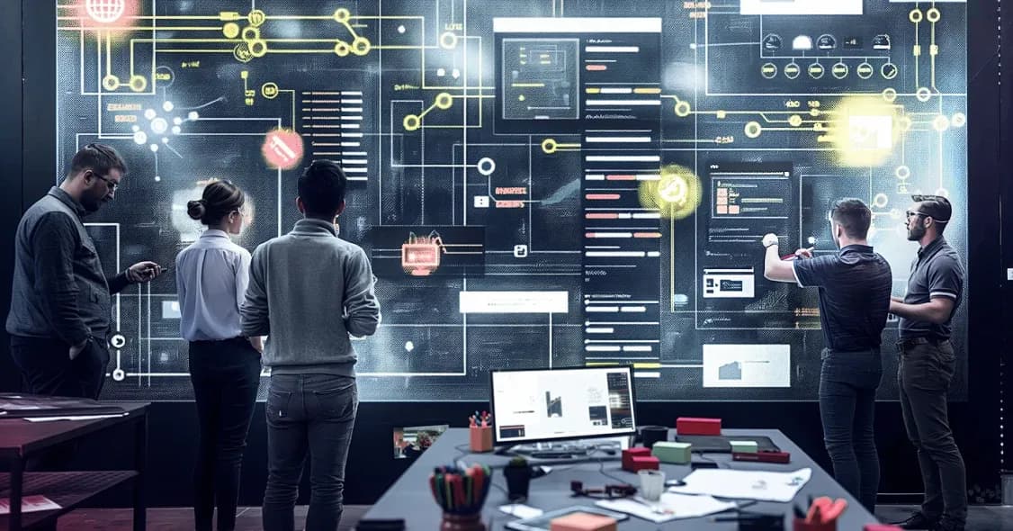 group of animated guys standing around high tech display screen