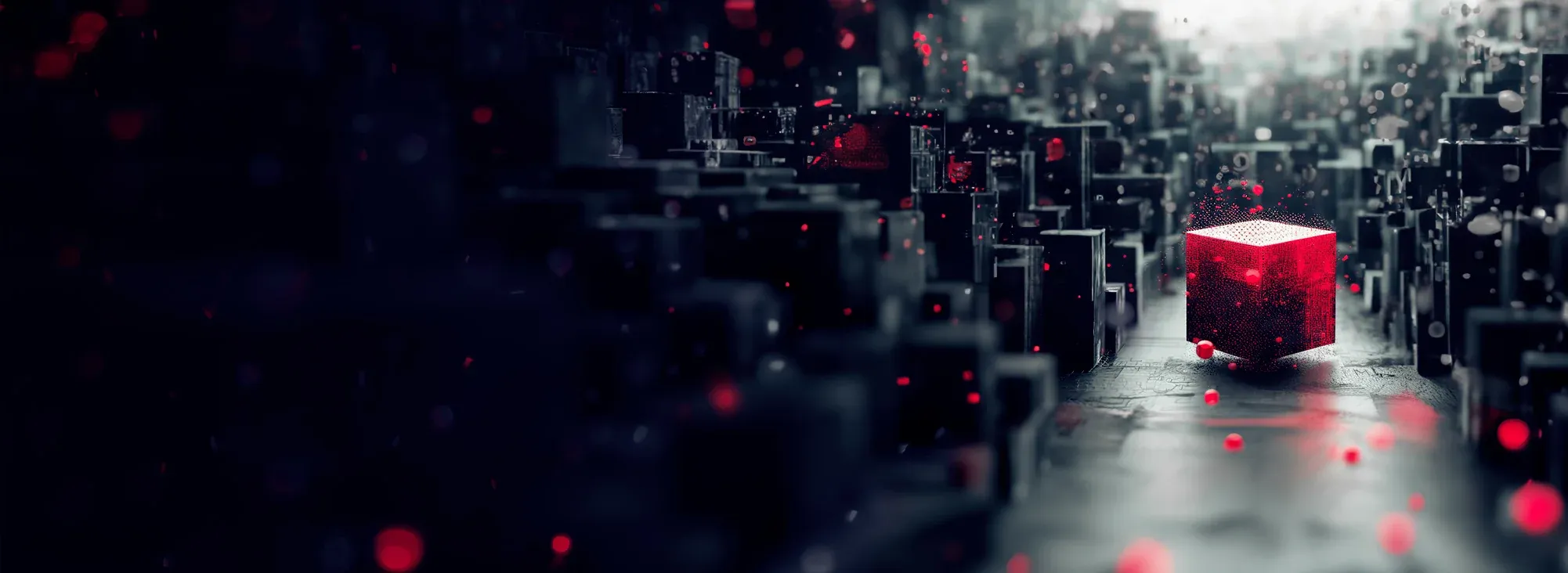 red cube surrounded by black boxes