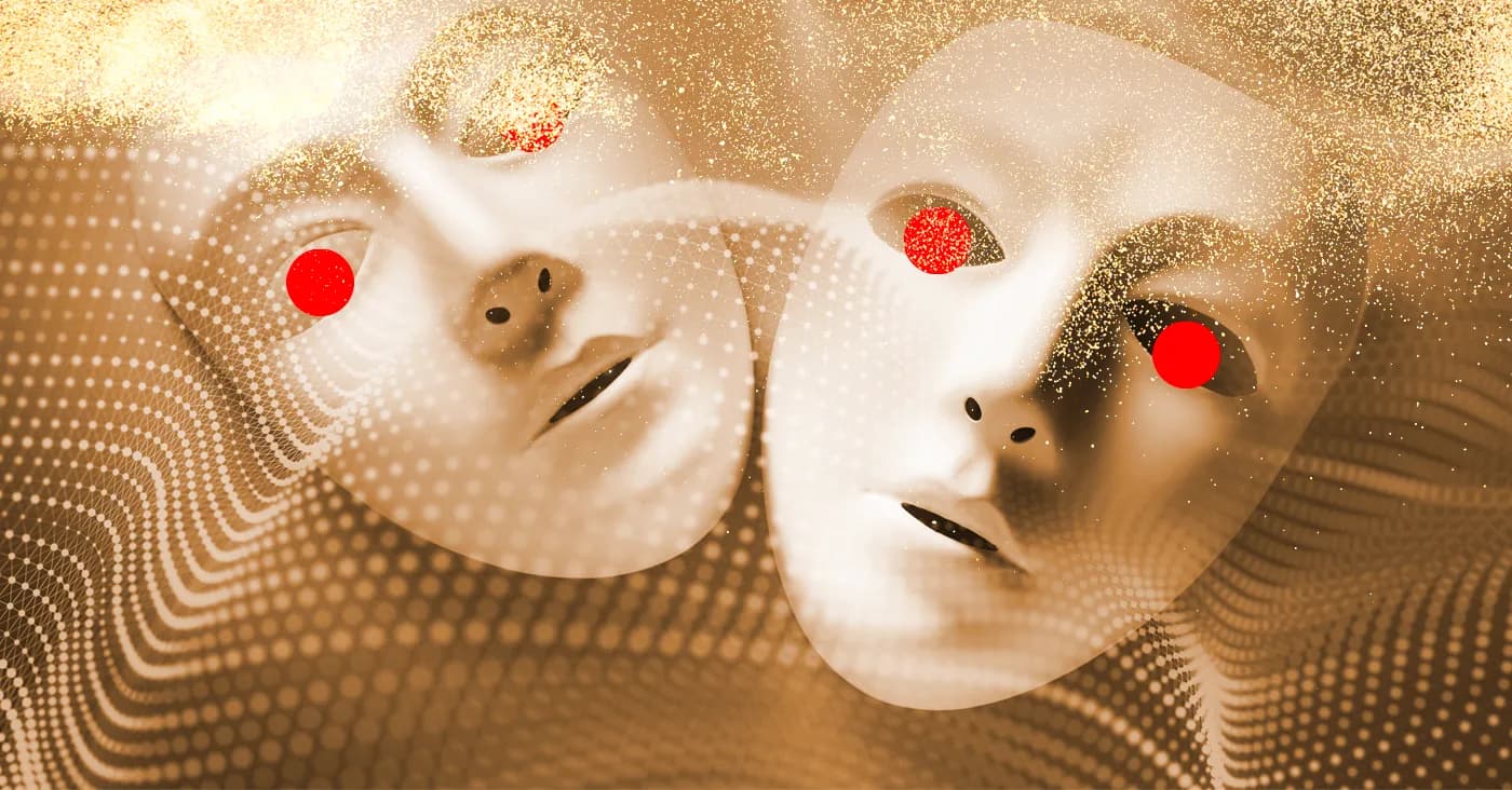 theater masks with red eyes