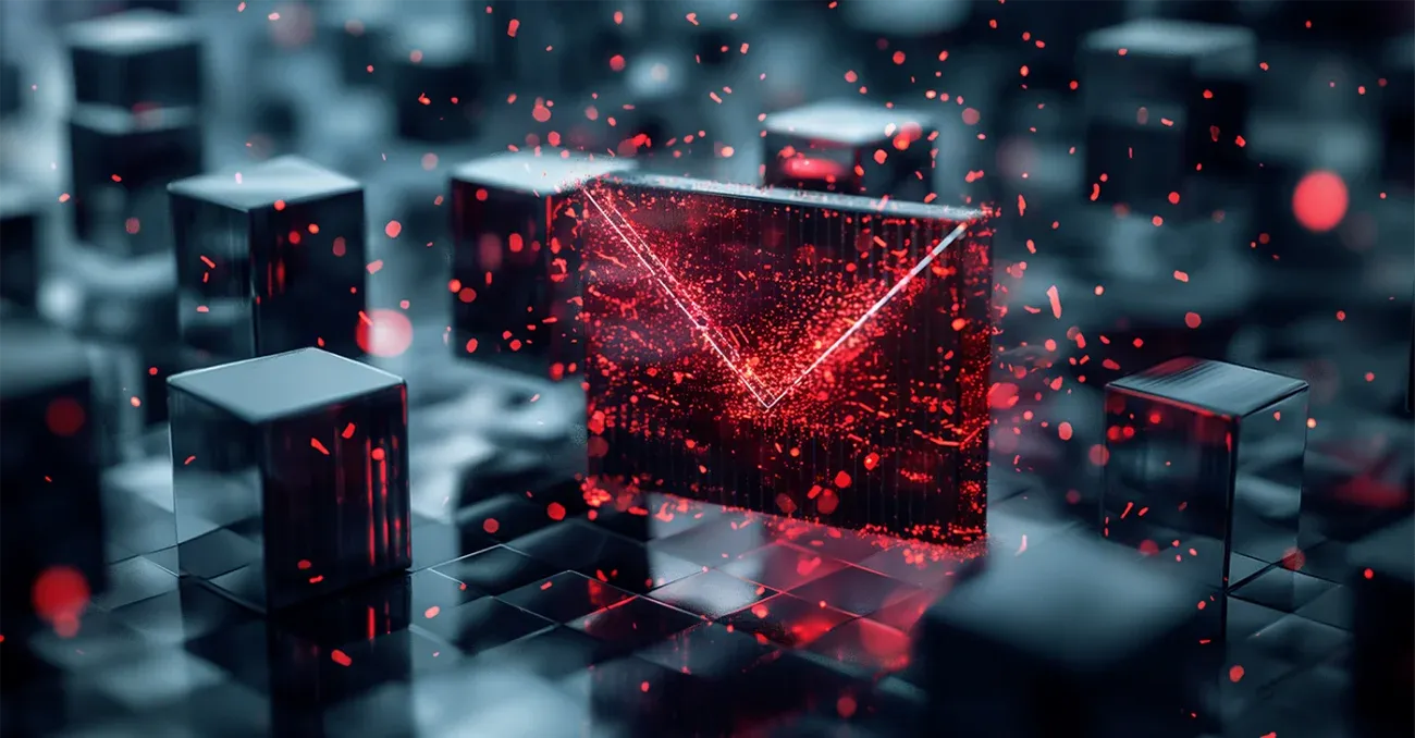 3-D envelope bursting with glowing red pixels