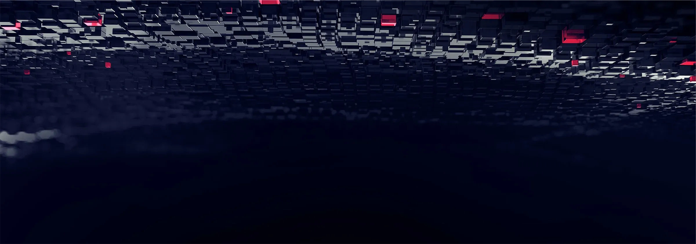 spaceship-evocative cluster of black and red cubes